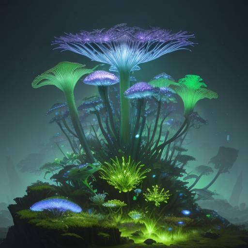 Glowing Creature on Neon Mushrooms in Bioluminescent Dreamsc...