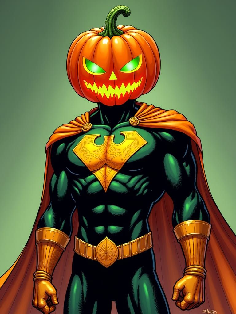 Pumpkin-Headed Superhero with Emerald Eyes