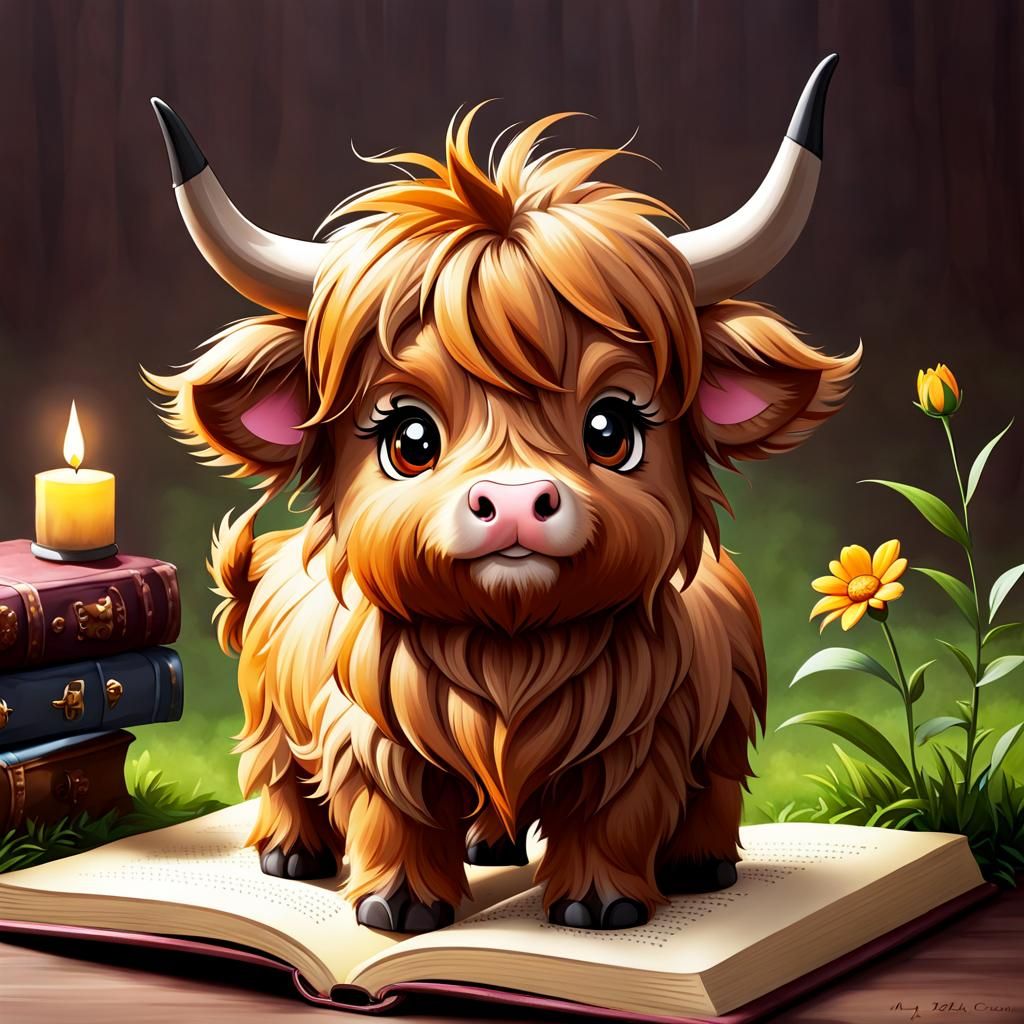 Chibi Highland Cow in Storybook Style