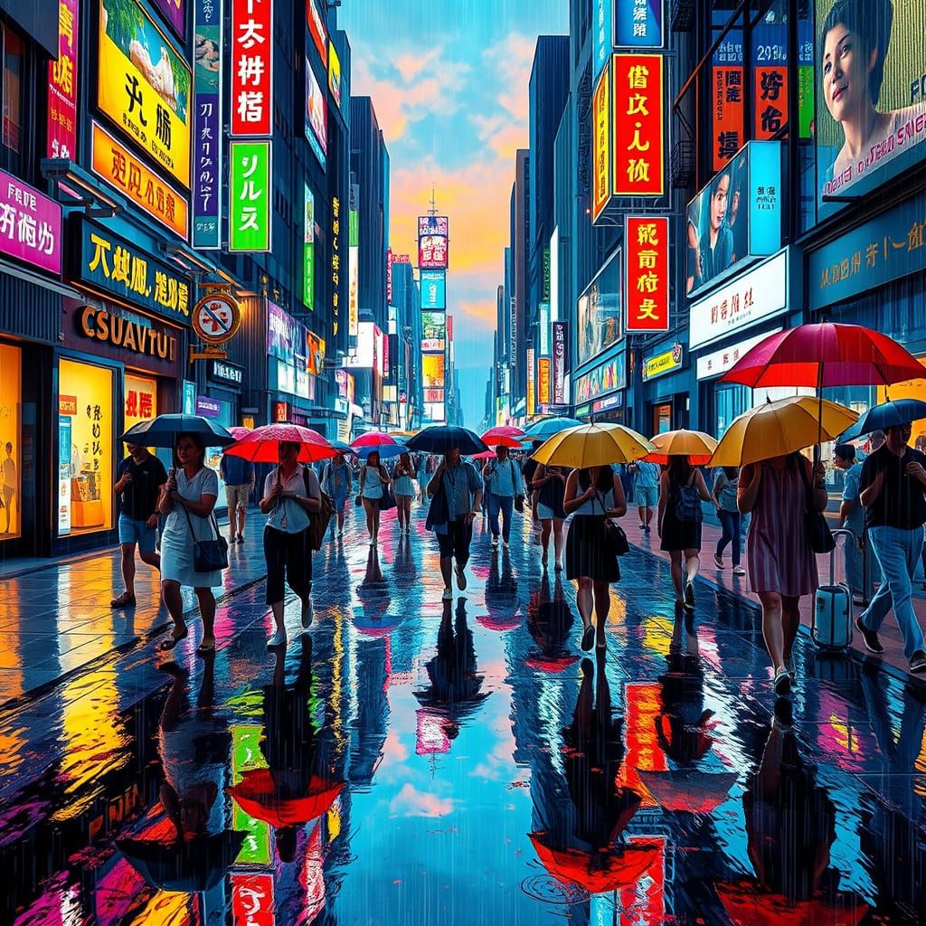Neon Dreamscape City Street at Dusk