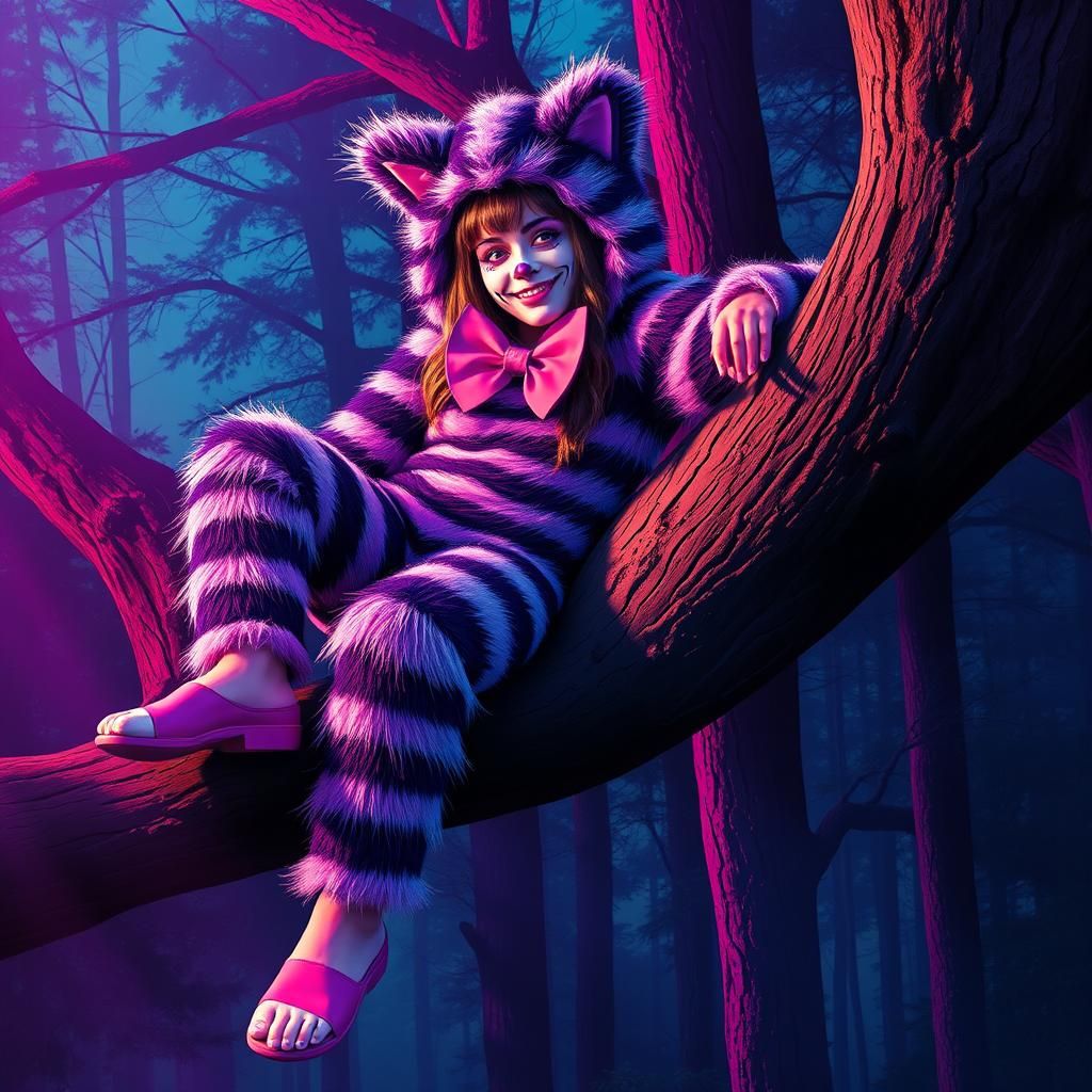 Woman in Cheshire Cat Costume with Synthwave Glow