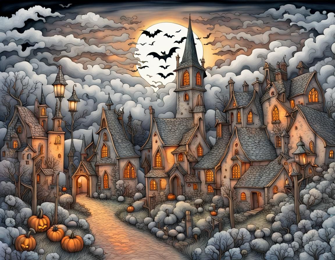 Medieval Halloween Village in Zentangle Line Art