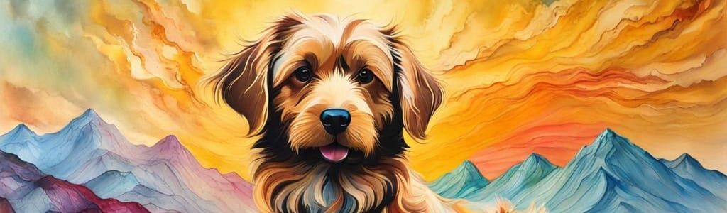 Cute Dog in Encaustic Mountain Landscape