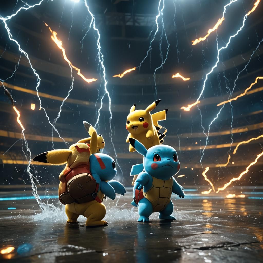 Pikachu and Squirtle Battle in Dimly Lit Arena