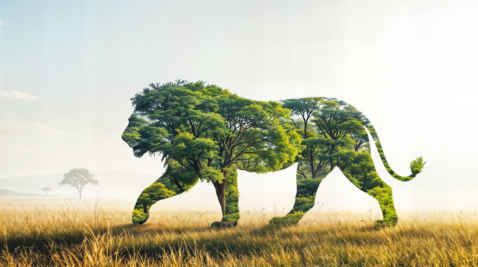 Lion in Serene Savannah Landscape, Digital Art
