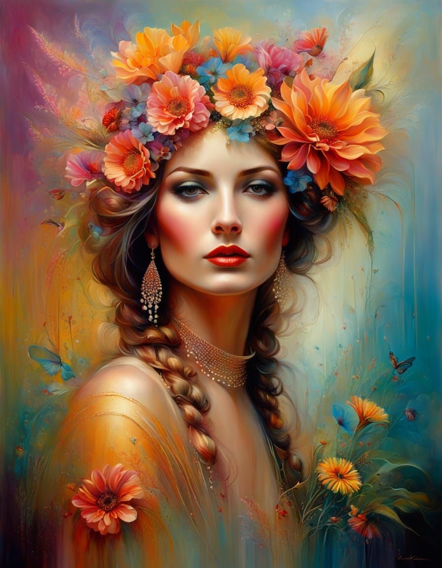 Vibrant Portrait of a Flower Seller in a Colorful Martian Ca...