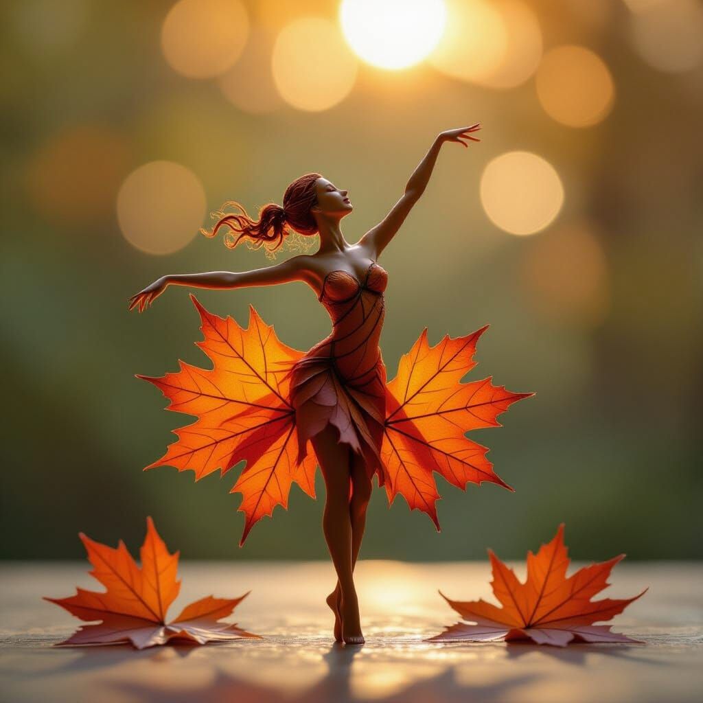 Ethereal Maple Leaf Dancer in Whimsical Surrealism