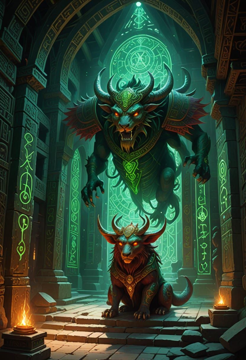 Surreal Creature Amidst Ancient Red Gold Green Temple Ruins