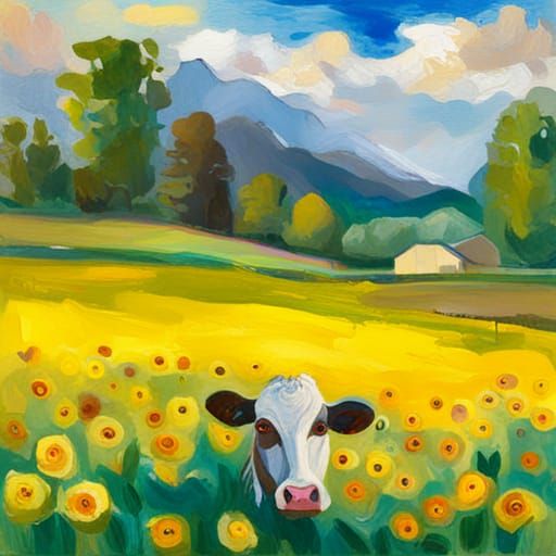 Cows Resting in Yellow Flower Field: Gouache Watercolor