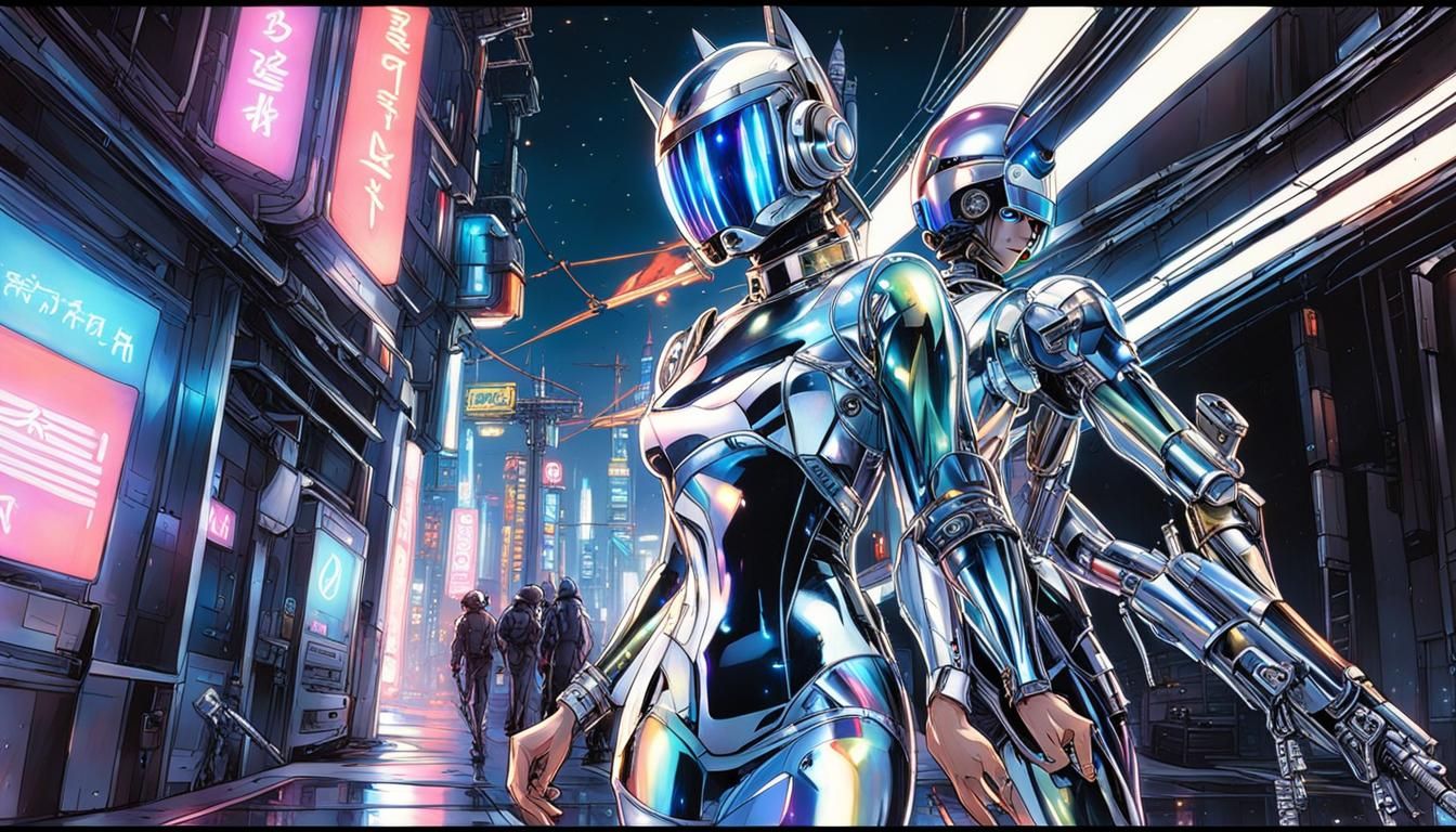 Retro-Futuristic Android in Neon Sci-Fi Landscape