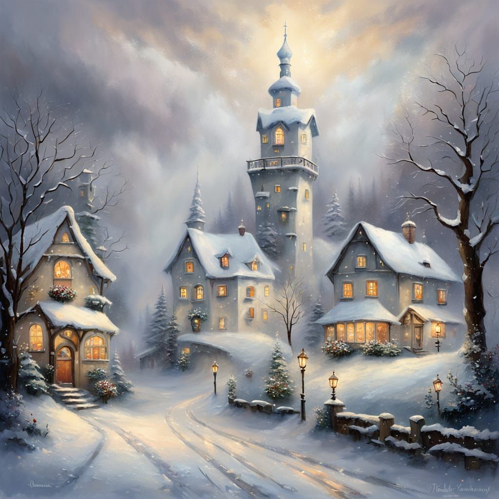 Whimsical Snowstorm Village with Glowing Lanterns