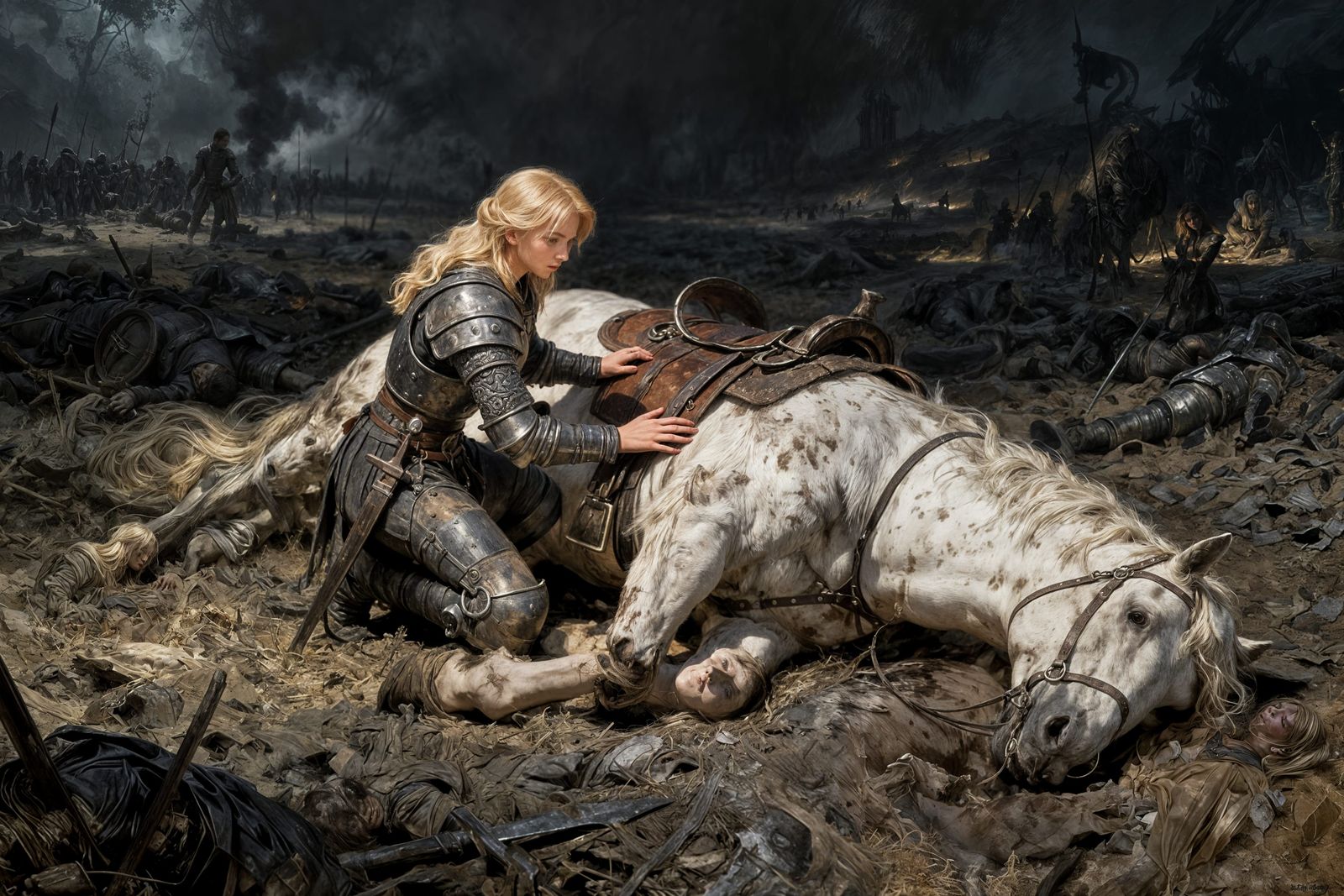 Medieval Knight Comforts Wounded Horse on Battlefield