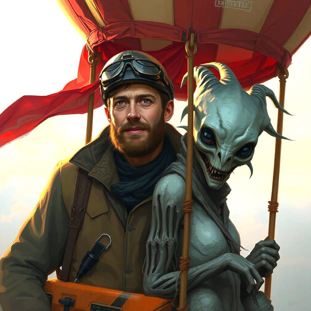 Portrait dynamic hot-air balloon pilot and eerie creature passenger, digital painting, concept art, Ian McQue, Agnes-Cec...