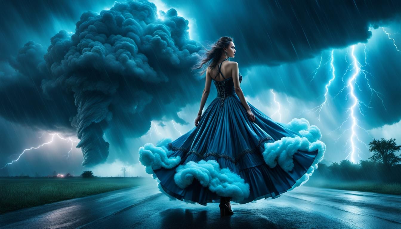 Cloud Dress Woman in Storm: Gothic Photorealistic Art