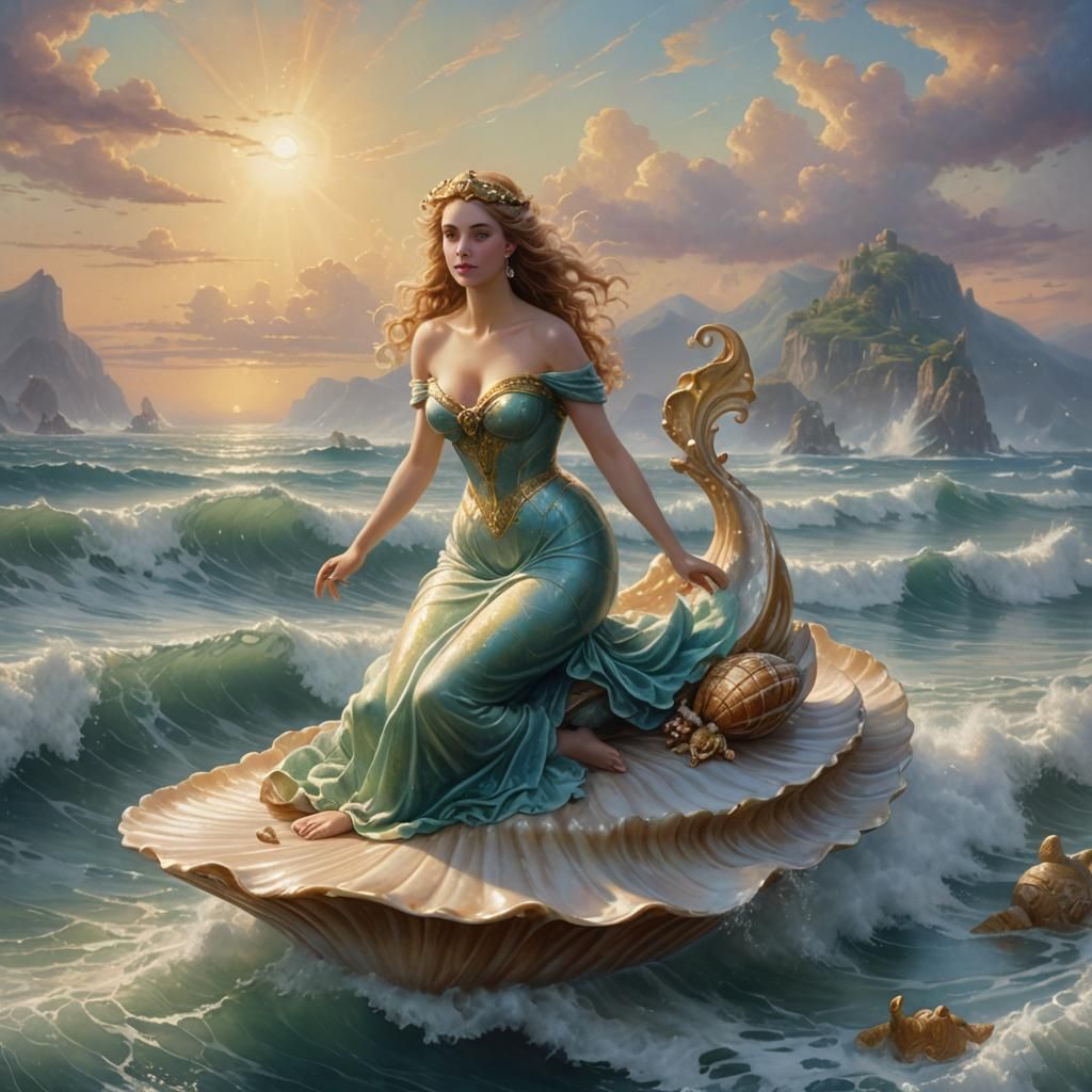 Aphrodite Surfing a Seashell: Ethereal Fantasy Art