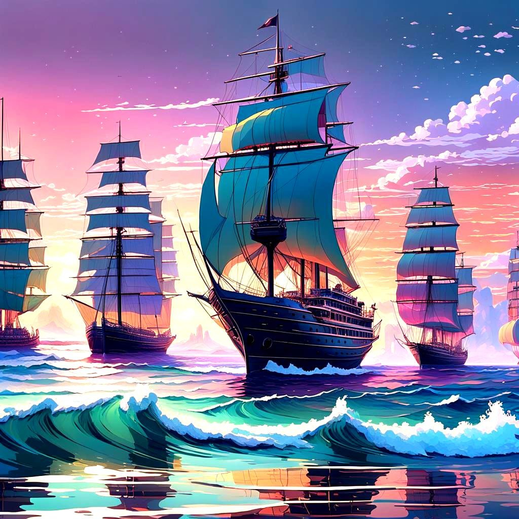 Fabric Wave Ocean and Floating Ships in Pastel Sky