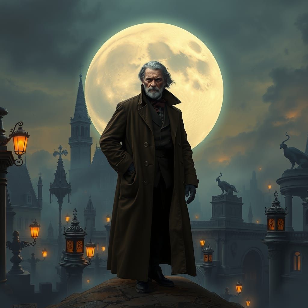 Van Helsing in Gothic Cityscape, Cinematic Style