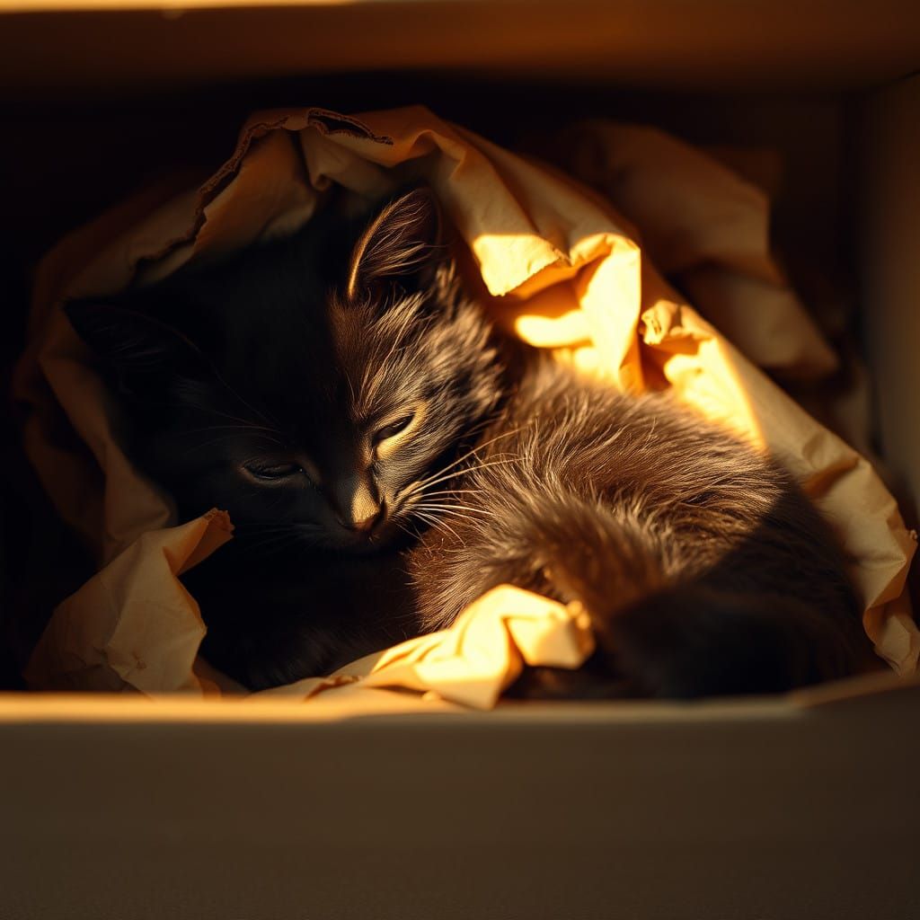 Cozy Black Kitten in a Worn Cardboard Box