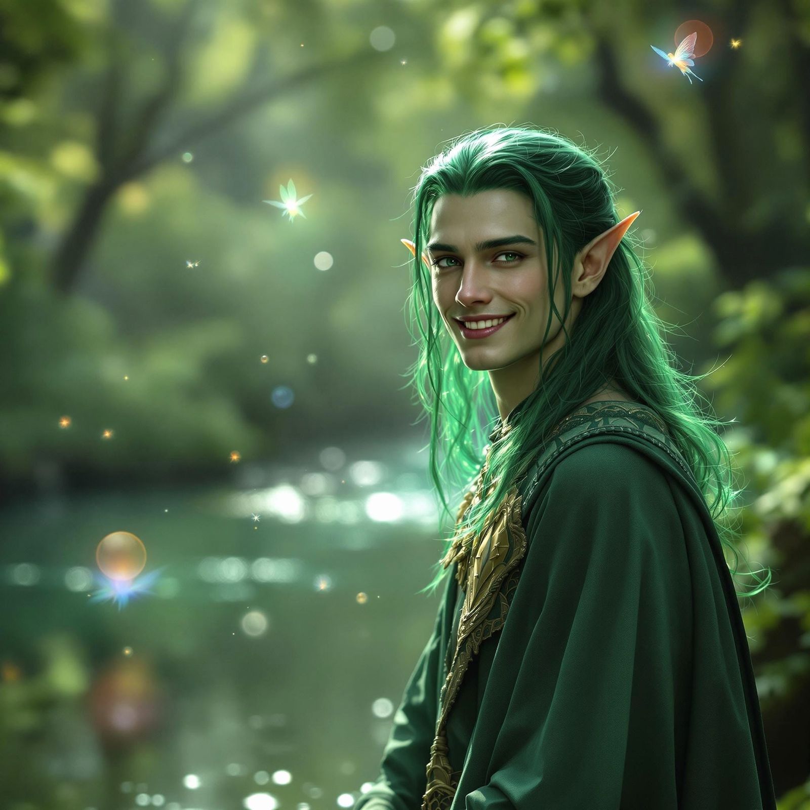 Elvish Gentleman Surrounded by Whimsy in a Forest Glade
