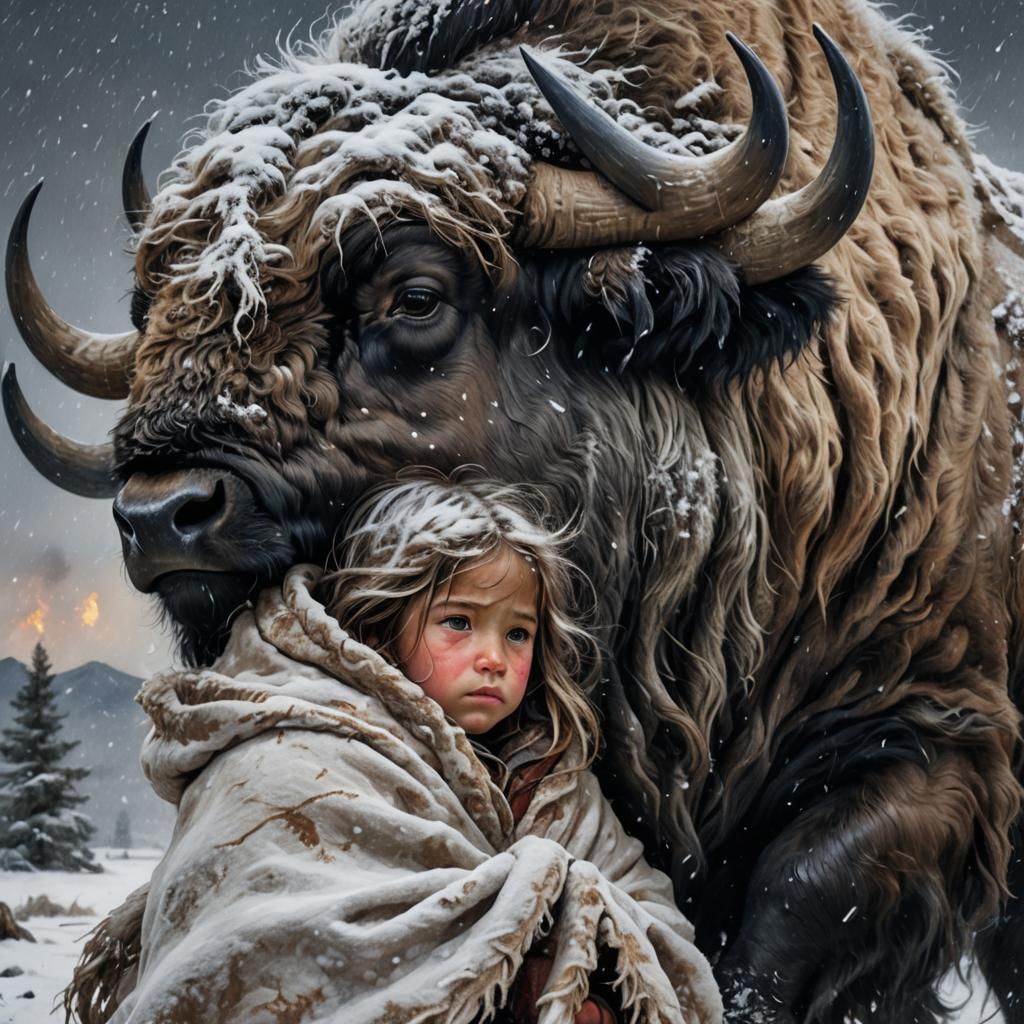 Buffalo Sheltering Child in Snowstorm