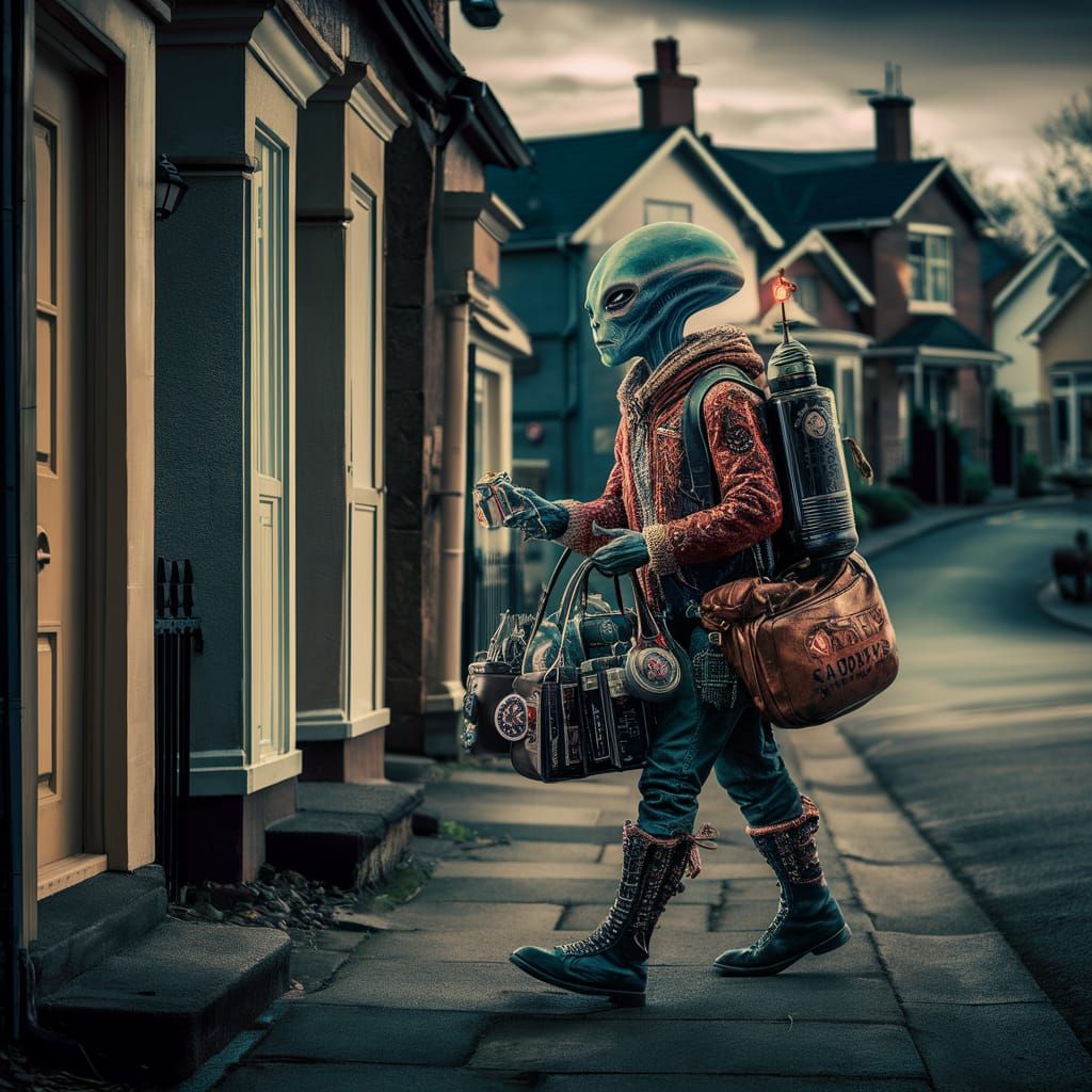 Alien Salesman Visits Suburban Neighborhood