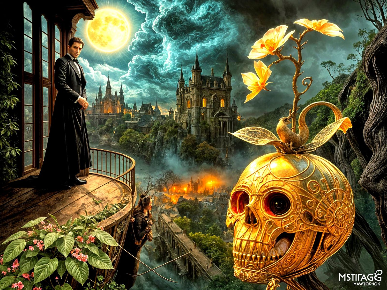 Victorian Vampire Lithograph with Brooding Castle Scene