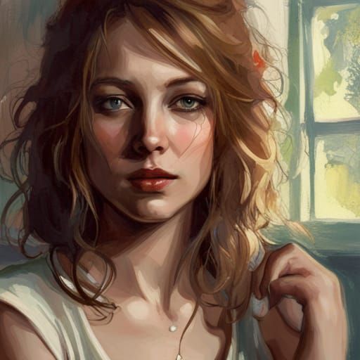 Cute Girl in Cafe: 3D Render Impressionist Art