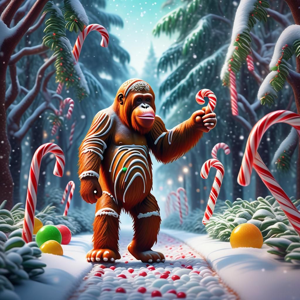 Gingerbread Orangutan in a Candy Cane Forest