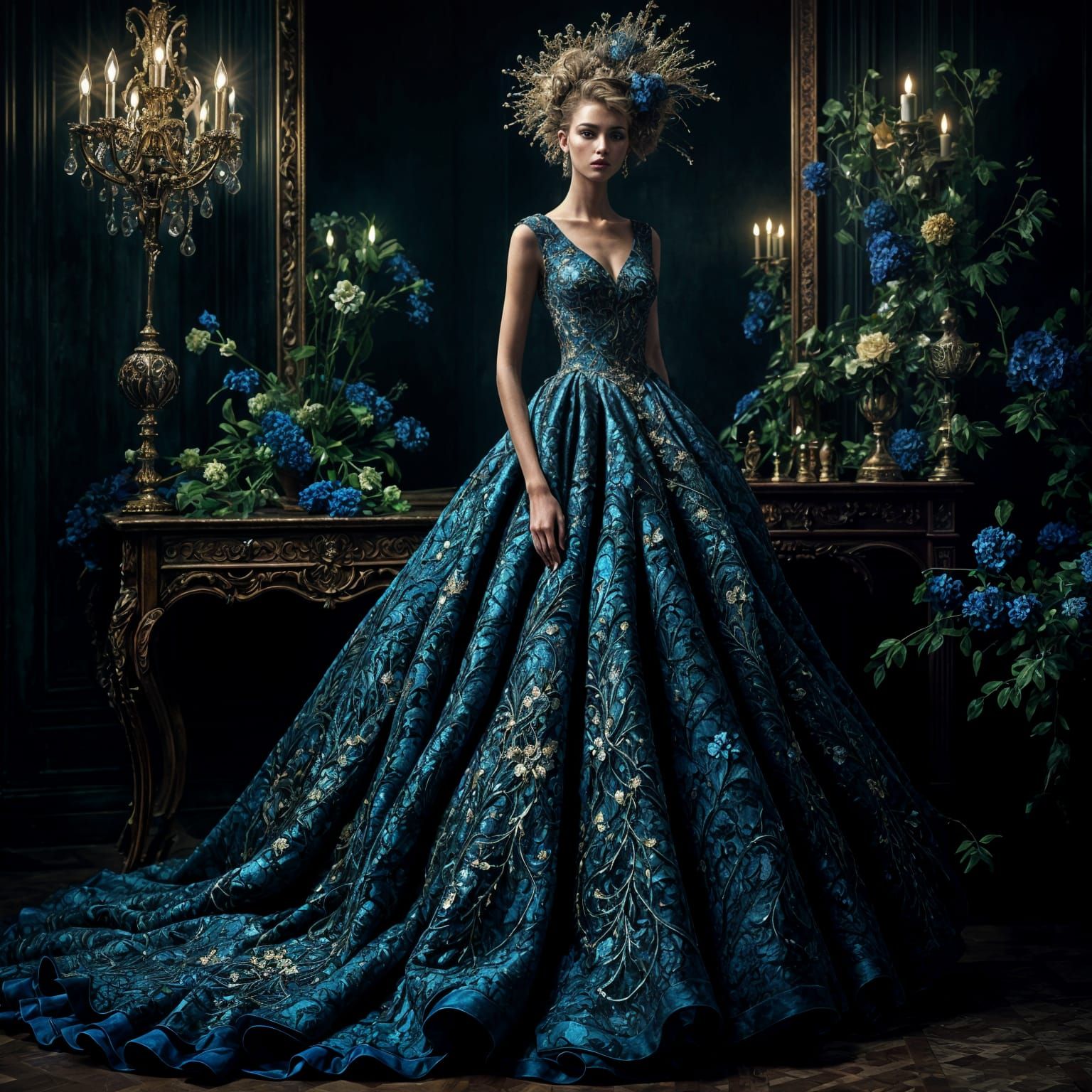 Ornate Haute Couture Gown on Dark Catwalk