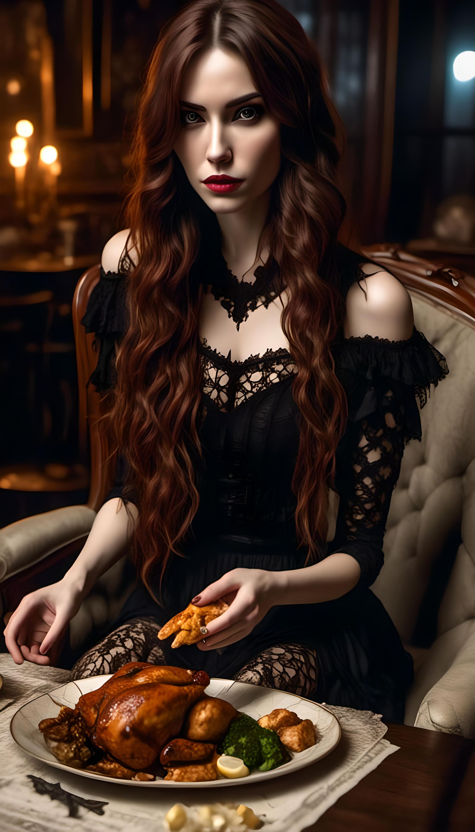 Stylish Woman Eats Chicken Strip Portrait