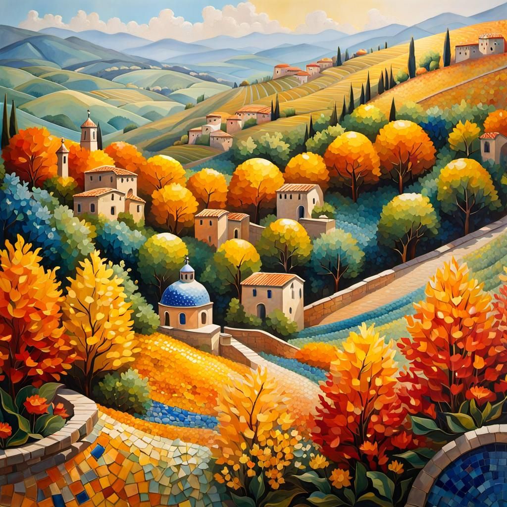 Colorful Italian Town Landscape with Ceramic Art