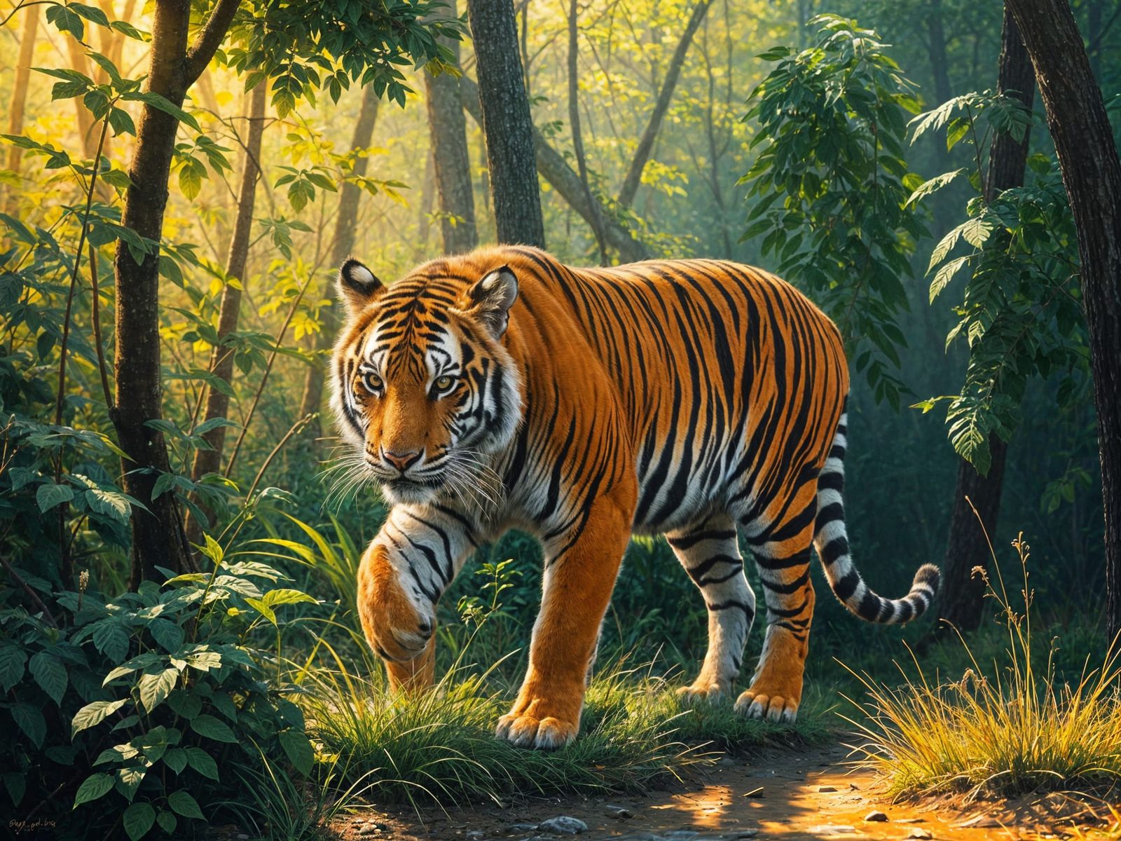 Majestic Tiger Roams Wild Landscape in Vibrant Oil Painting