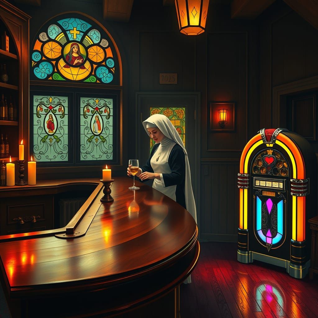 Nun Tends Bar with Vintage Jukebox Playing Sacred Hymns in a...