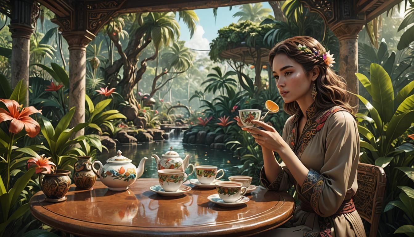 Tropical Garden Tea Party: Hand-Drawn Digital Art