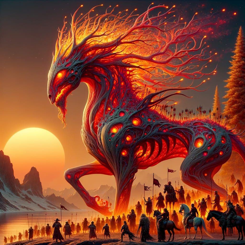 Fiery Centaur Overlooks Pirate Gathering, Fantasy Art