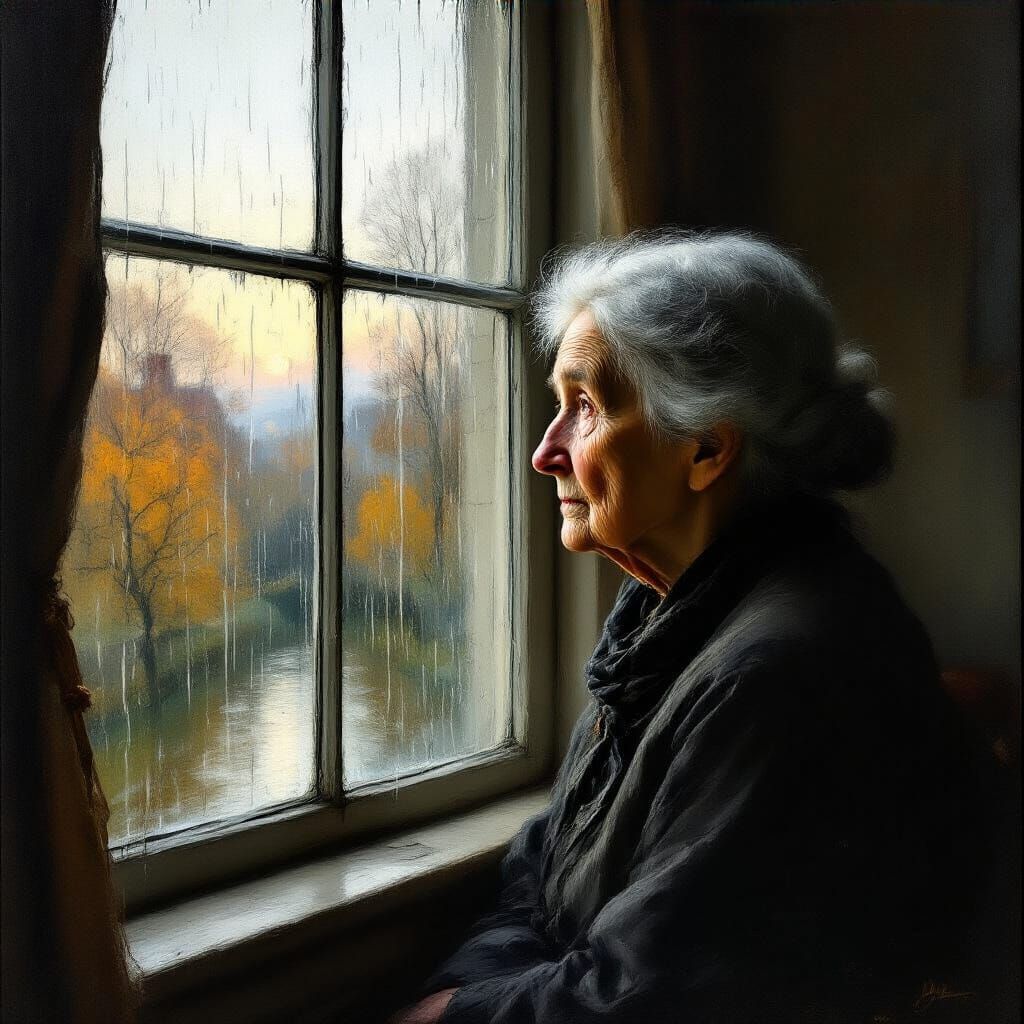 Elderly Woman Contemplating Autumn Afternoon Light