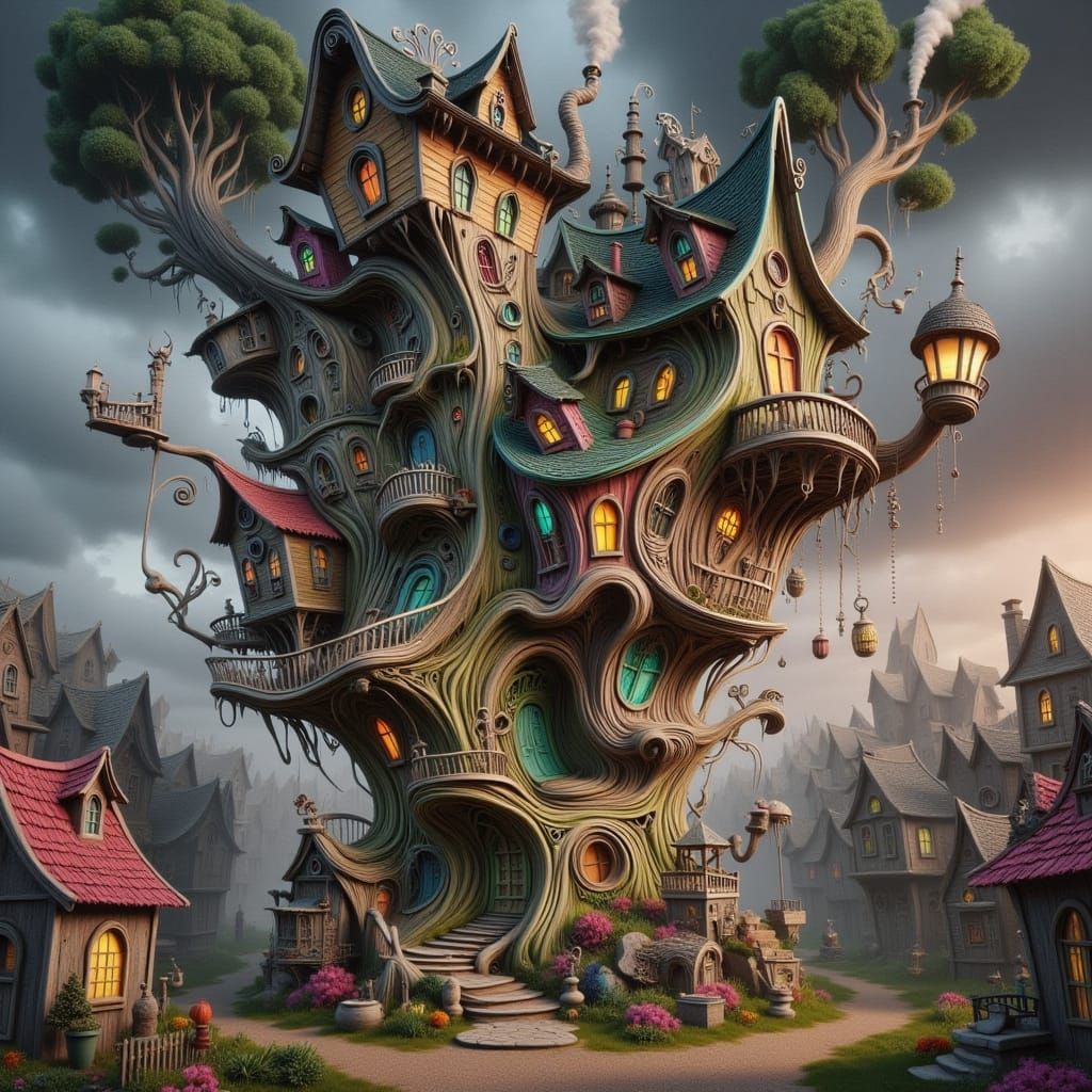 Enchanted Steampunk Village Amidst Ancient Tree