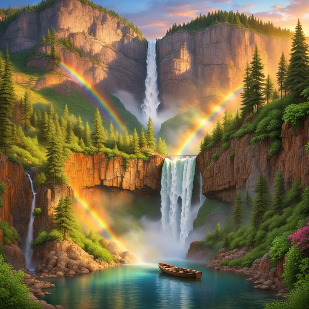Spectacular Waterfall Scene with Rainbow