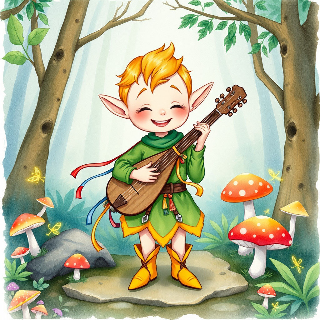 Chibi Elf Bard in Whimsical Watercolor Illustration