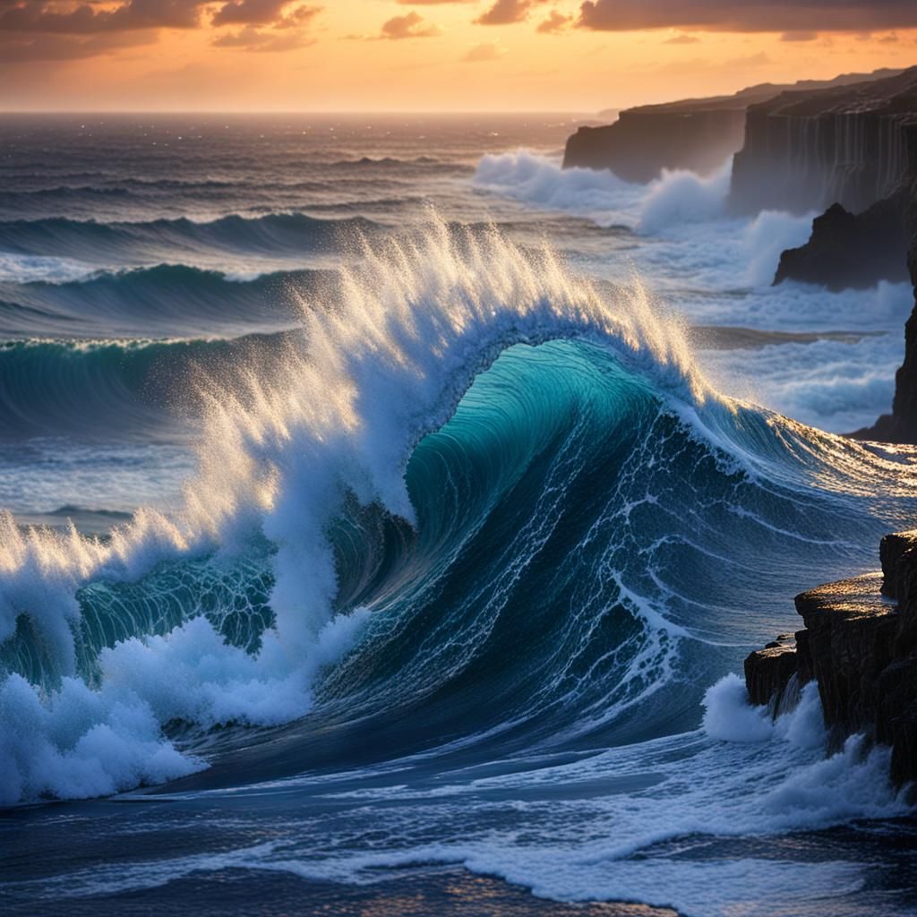 Furious Blue Waves at Sunset, Realistic Digital Art