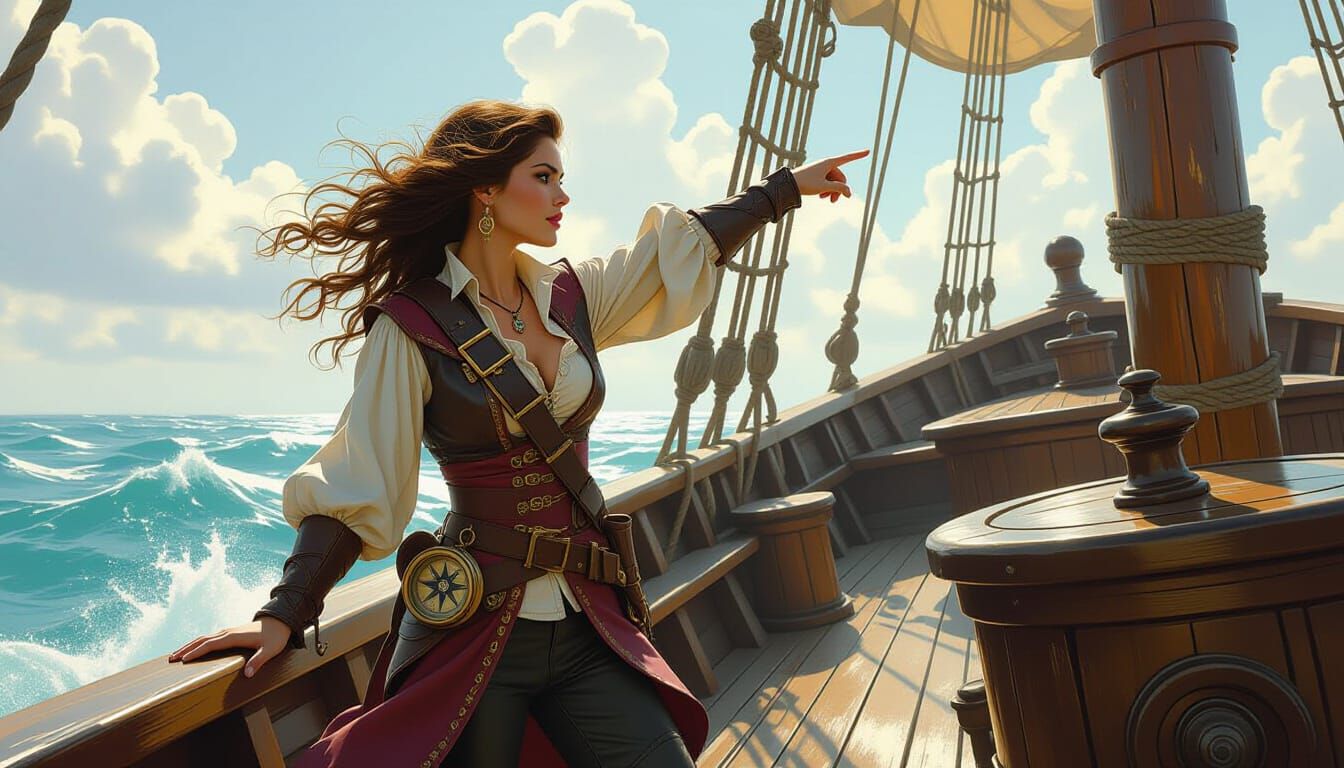 Pirate Woman Directs Ship with Compass: Syd Mead Style