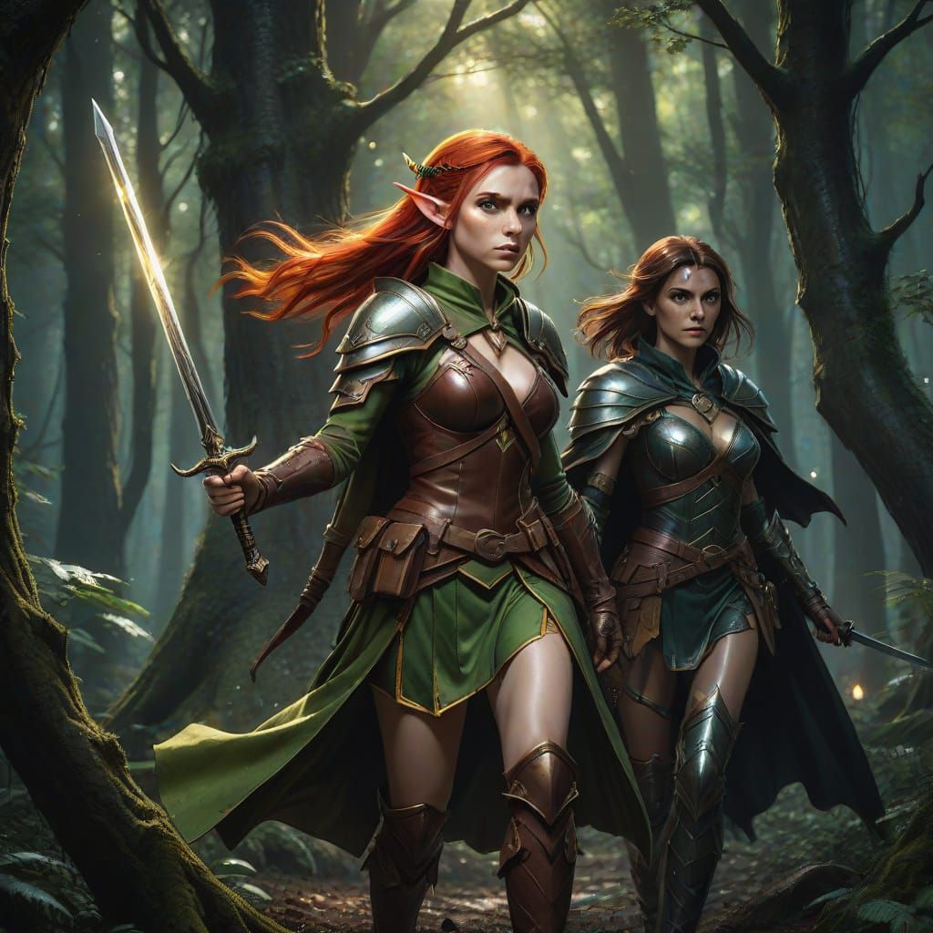 Elf Scout and Witch Tracking Monster in Forest