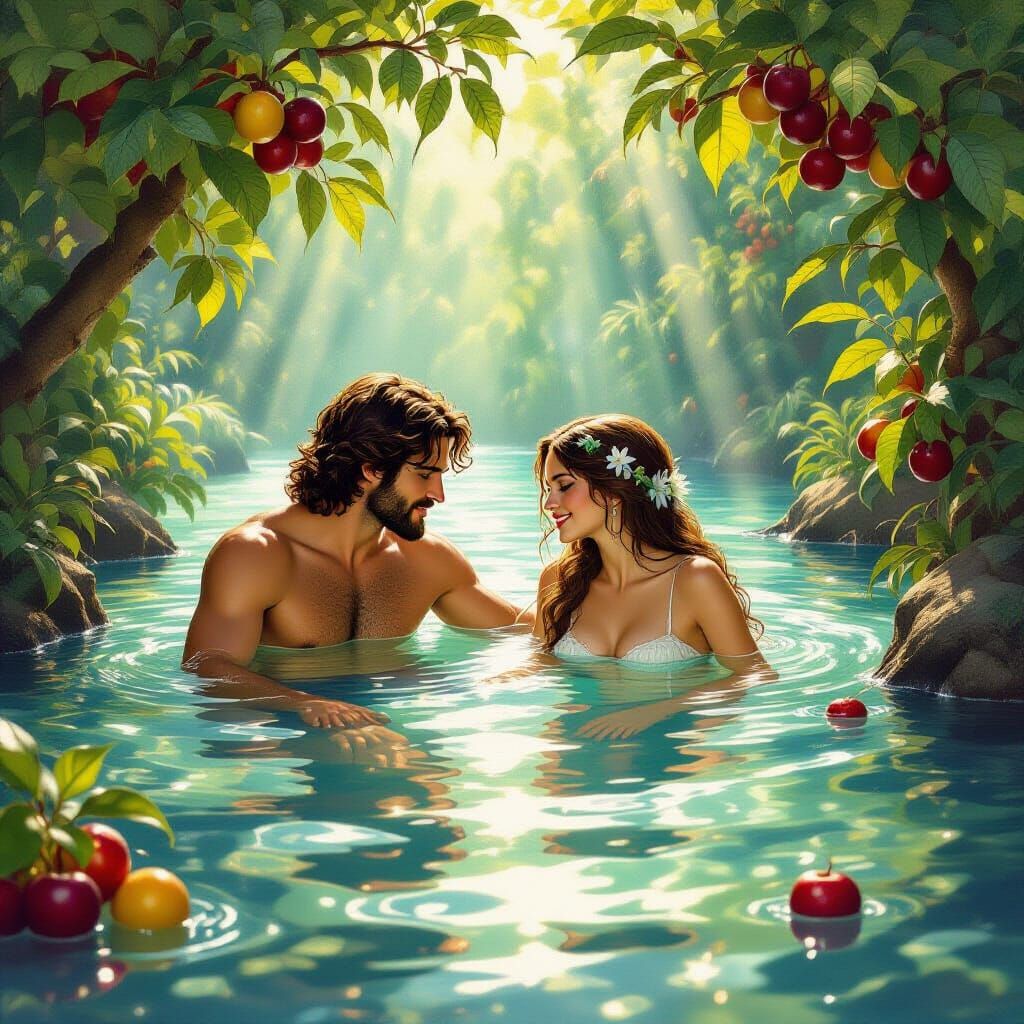Adam and Eve Swim in Eden's Lush Waters