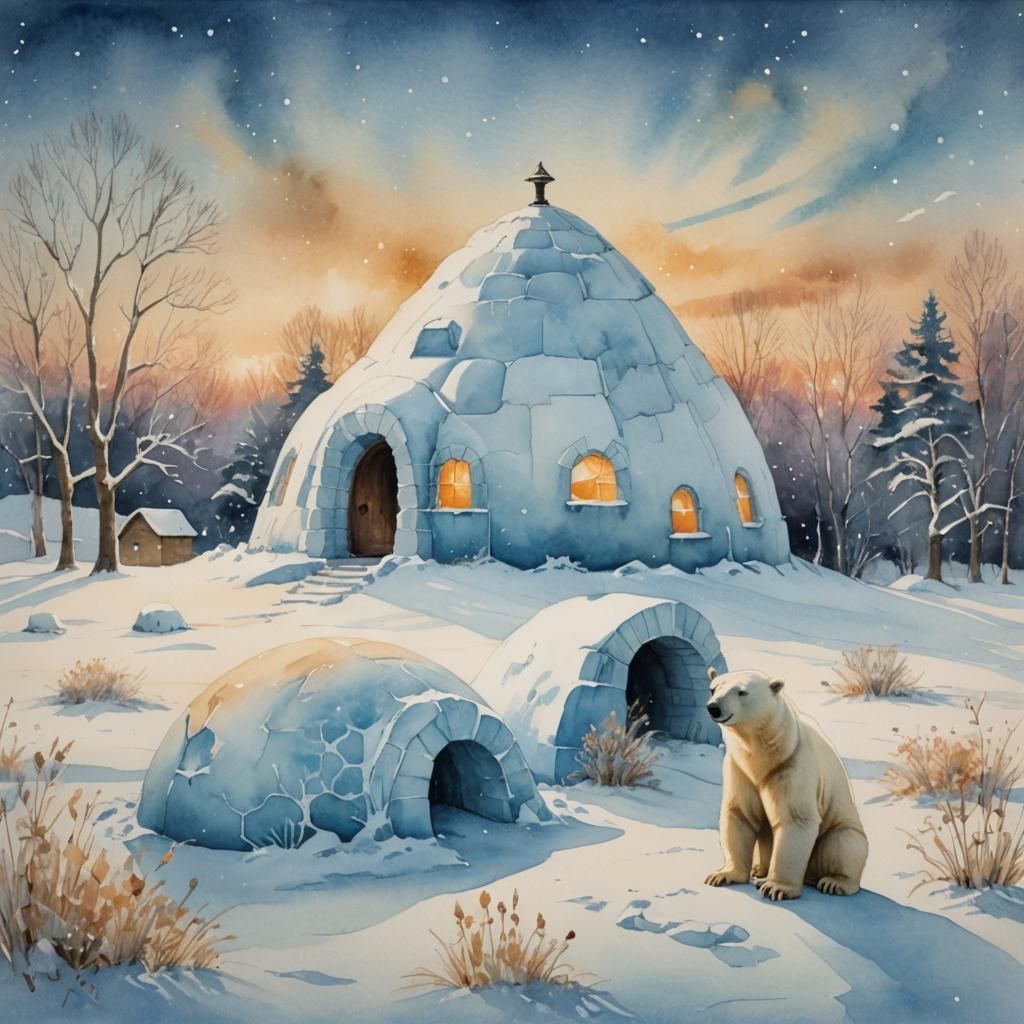 Polar Bear and Igloo in Frosted Watercolor