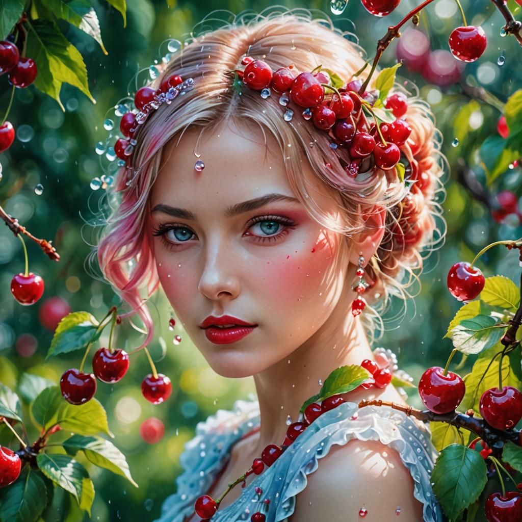 Hyperrealistic Cherries Watercolor Painting with Bokeh