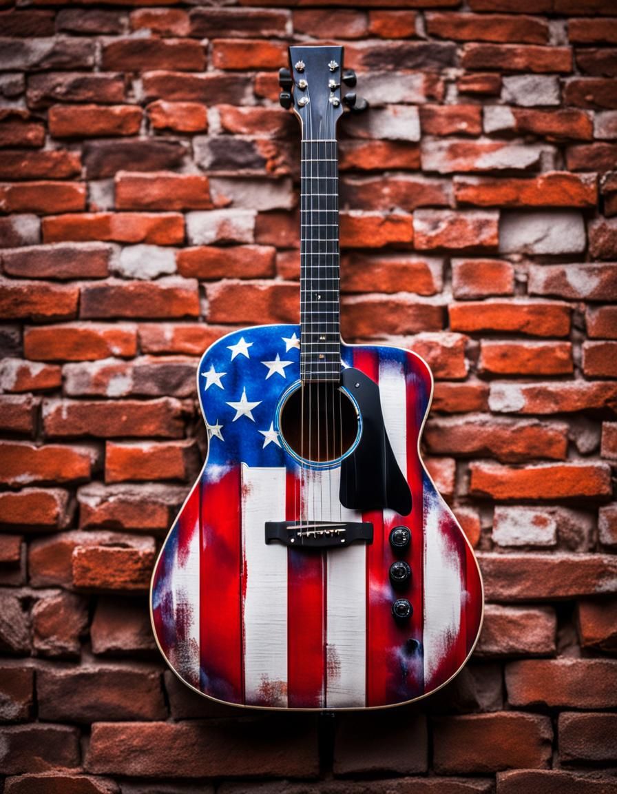 American Flag Guitar Bursts Through Brick Wall