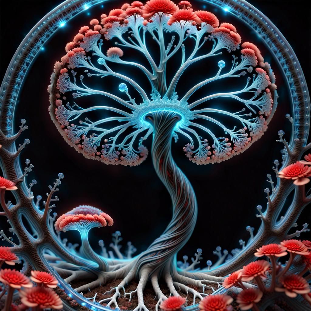 Bioluminescent Alien Fibonacci Tree with Crystal Fungi