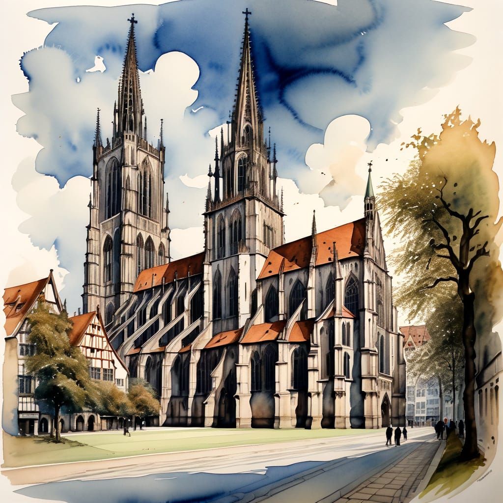 Gothic Watercolour Church Tower in a German City