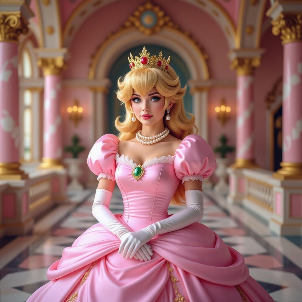 Hyperrealistic Princess Peach in Mushroom Kingdom Castle