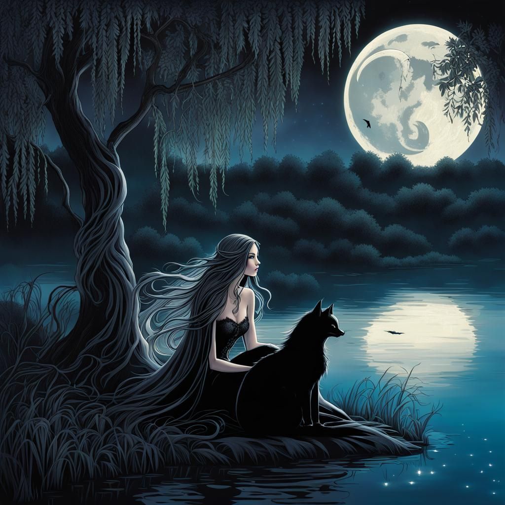 Elven Fairy by Enchanted Lake at Midnight